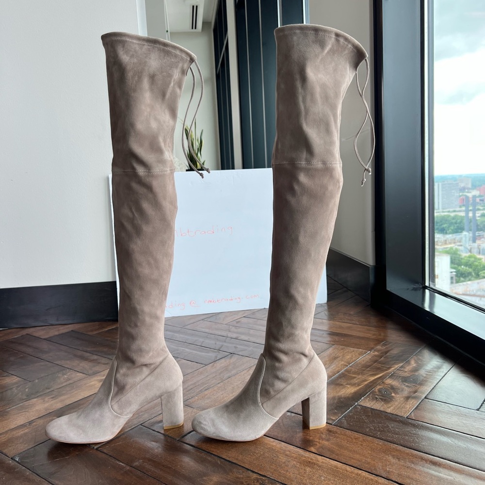 🇺🇸Stuart Weitzman made in Spain tan elasticized leather skin tight knee hi boots